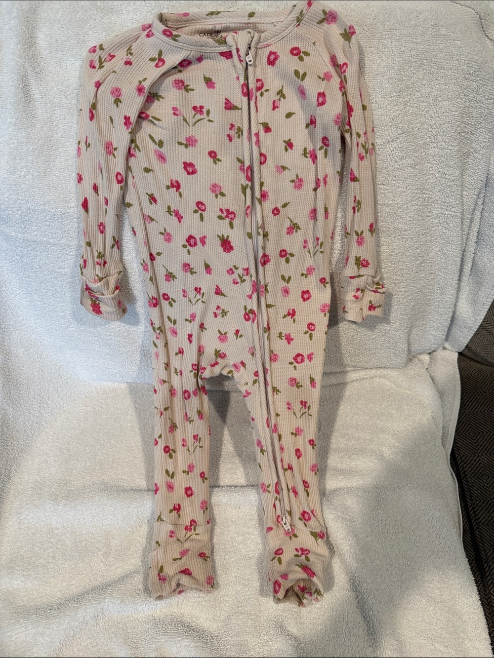 Caden Lane Cream Ribbed Footie with Pink Floral Print